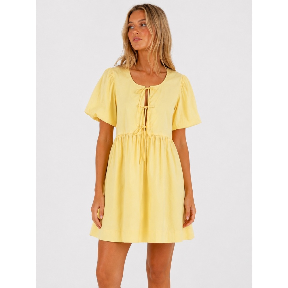 Joie Yellow Babydoll Sun Vacation Dress Puff Sleeve Tie Front Mini Pockets M